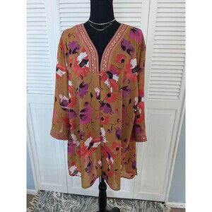 Maggie Barnes Floral Tunic in Mustard/Pink, Size 22